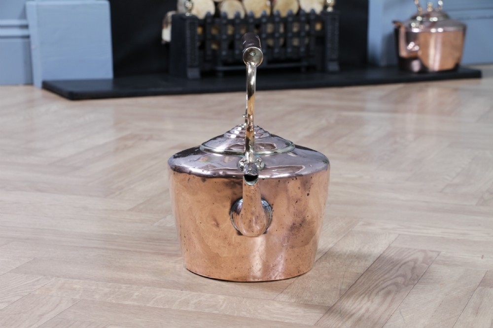 A polished George III copper kettle with a raised brass fixed handle and a curved gooseneck spout. View VII