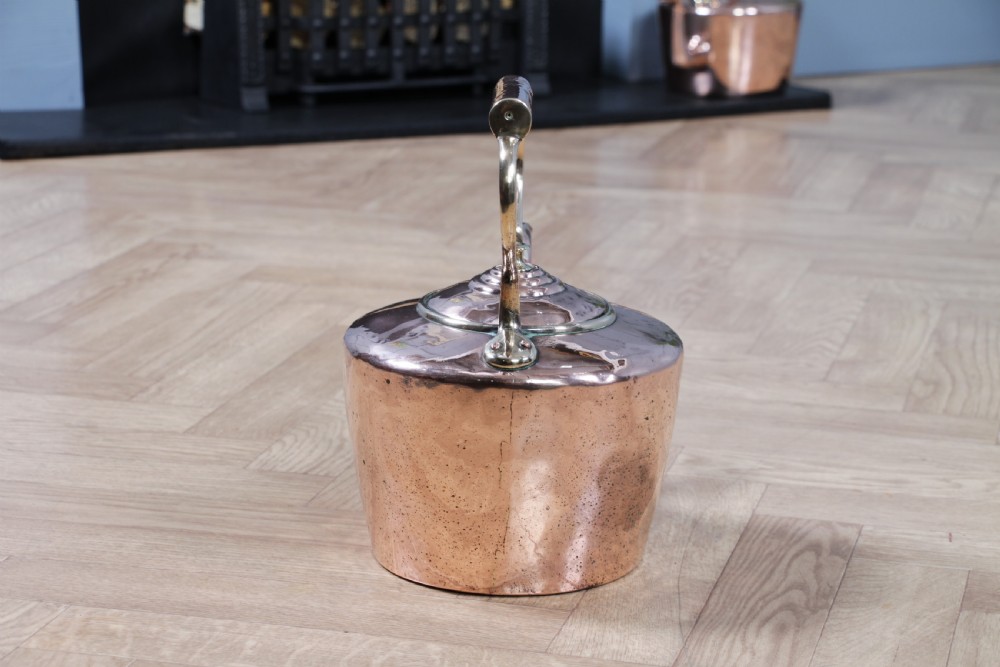 A polished George III copper kettle with a raised brass fixed handle and a curved gooseneck spout. View VIII