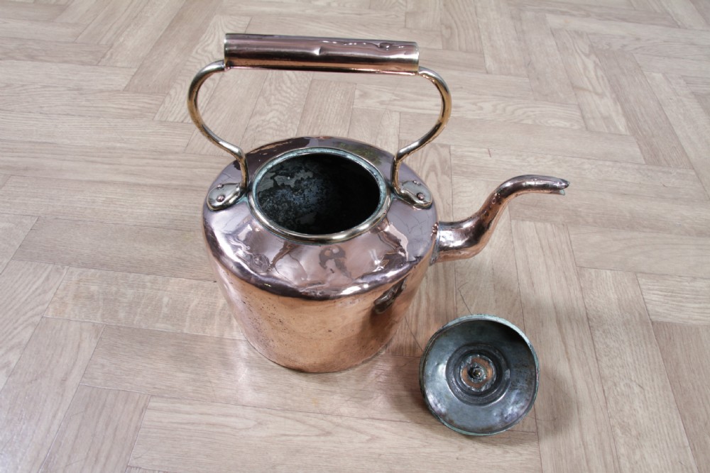 A polished George III copper kettle with a raised brass fixed handle and a curved gooseneck spout. View IX