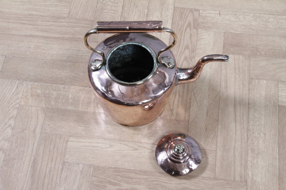 A polished George III copper kettle with a raised brass fixed handle and a curved gooseneck spout. View X