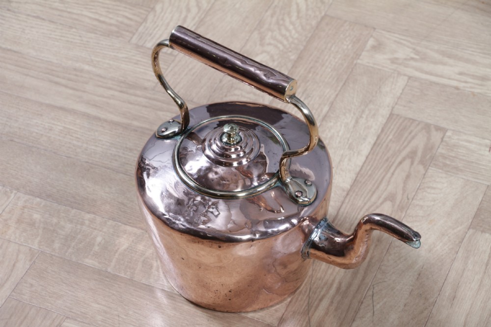 A polished George III copper kettle with a raised brass fixed handle and a curved gooseneck spout. View XI