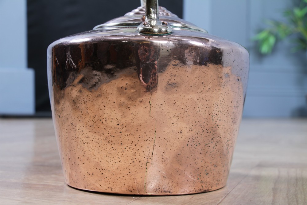 A polished George III copper kettle with a raised brass fixed handle and a curved gooseneck spout. View XIII