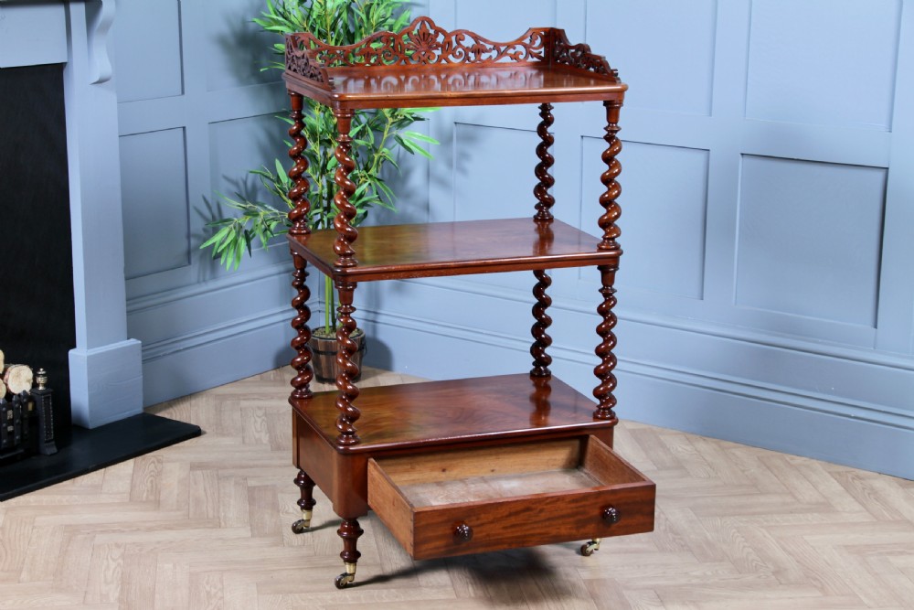 Rare Antique Victorian Mahogany 3 Tier Barley Twist What Not Display Shelf With Drawer C1860 View II