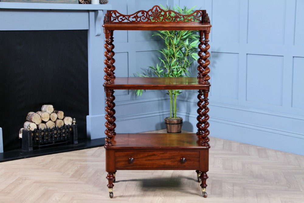 Rare Antique Victorian Mahogany 3 Tier Barley Twist What Not Display Shelf With Drawer C1860 View III