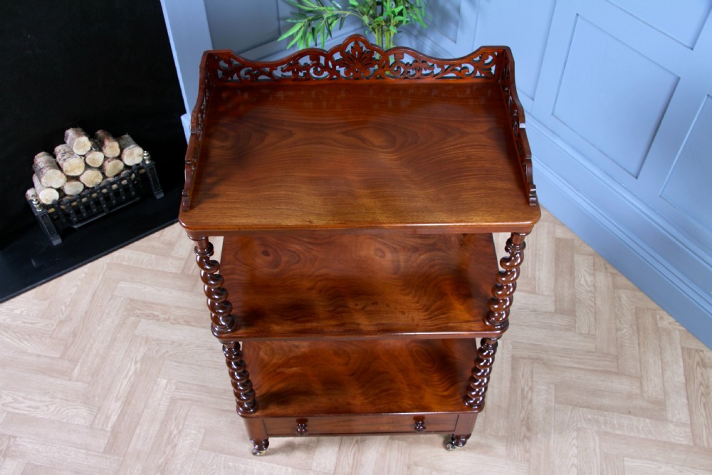 Rare Antique Victorian Mahogany 3 Tier Barley Twist What Not Display Shelf With Drawer C1860 View V