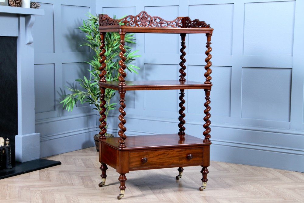 Rare Antique Victorian Mahogany 3 Tier Barley Twist What Not Display Shelf With Drawer C1860 View VI