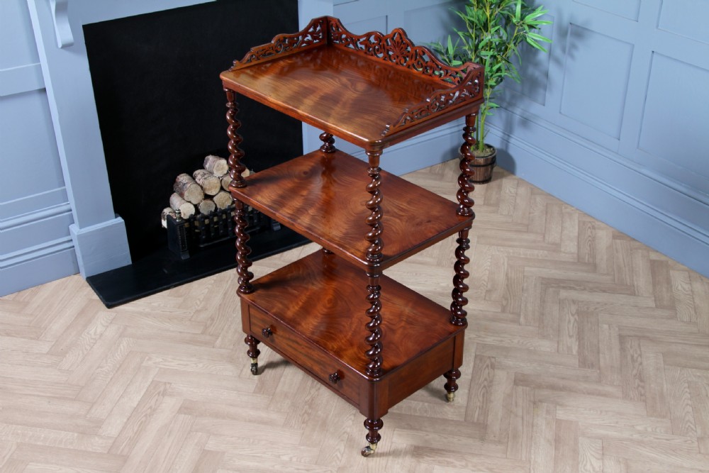 Rare Antique Victorian Mahogany 3 Tier Barley Twist What Not Display Shelf With Drawer C1860 View VIII