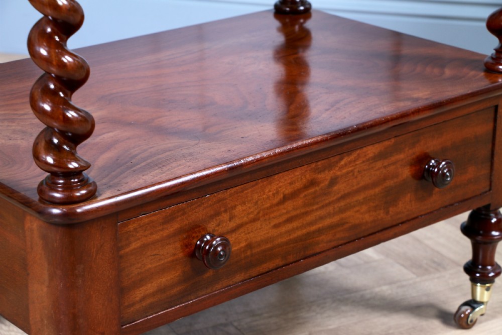 Rare Antique Victorian Mahogany 3 Tier Barley Twist What Not Display Shelf With Drawer C1860 View X