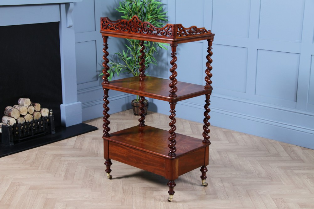 Rare Antique Victorian Mahogany 3 Tier Barley Twist What Not Display Shelf With Drawer C1860 View XIII