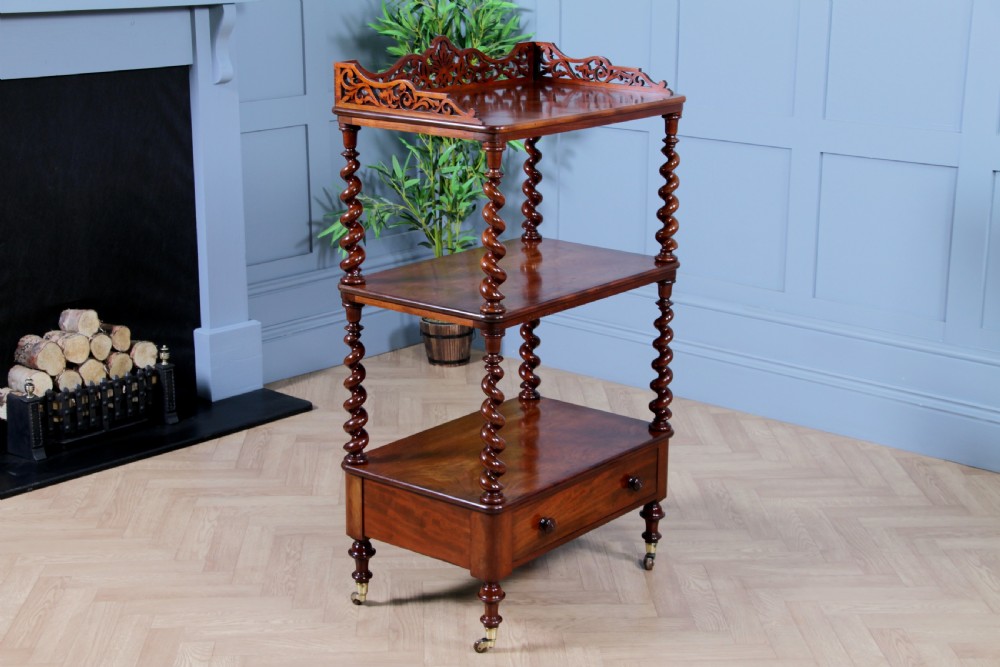 Rare Antique Victorian Mahogany 3 Tier Barley Twist What Not Display Shelf With Drawer C1860 View XIV