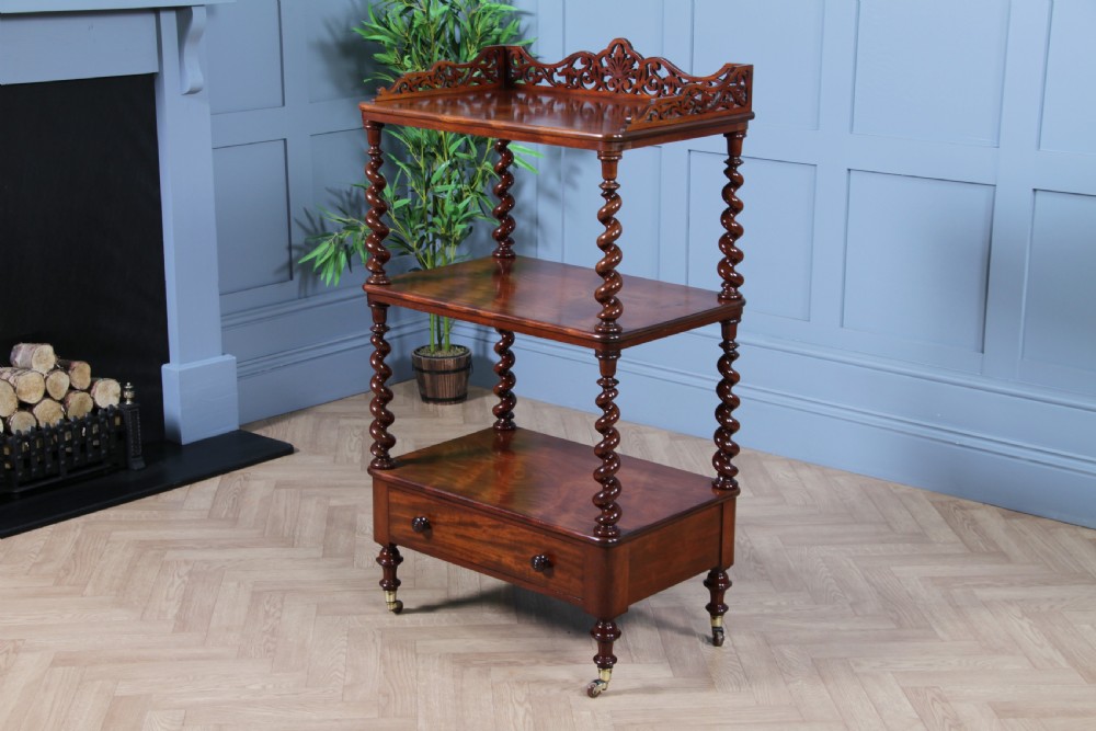 Rare Antique Victorian Mahogany 3 Tier Barley Twist What Not Display Shelf With Drawer C1860 View XV