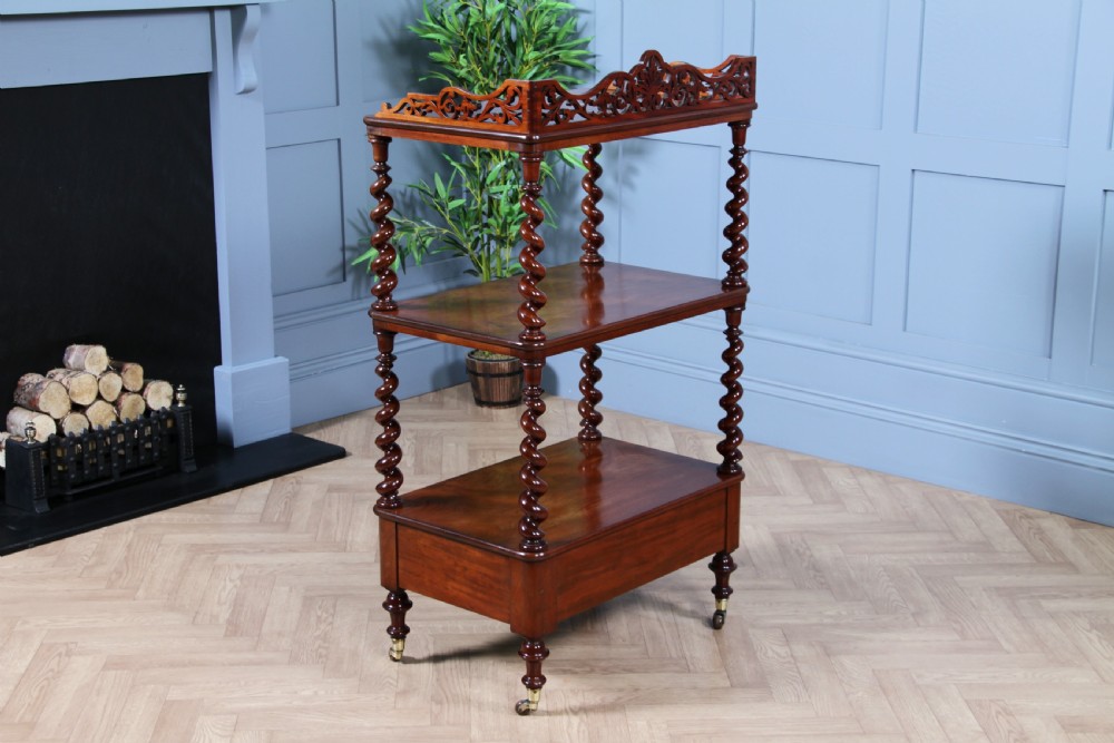 Rare Antique Victorian Mahogany 3 Tier Barley Twist What Not Display Shelf With Drawer C1860 View XVI