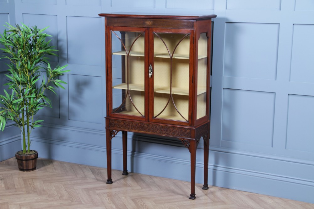 Antique Edwardian Sheraton Revival Mahogany Inlaid Glazed Display China Cabinet C1900 View II
