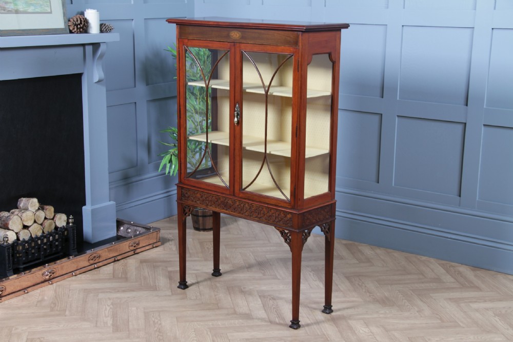 Antique Edwardian Sheraton Revival Mahogany Inlaid Glazed Display China Cabinet C1900 View V