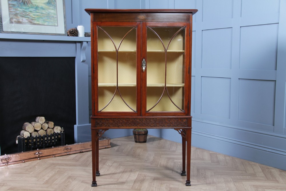 Antique Edwardian Sheraton Revival Mahogany Inlaid Glazed Display China Cabinet C1900 View IX