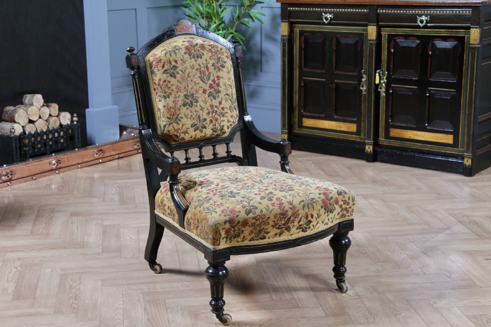 Antique Victorian Aesthetic Movement Ebonised Gilt and Inlaid Carved Nursing Chair C1870
