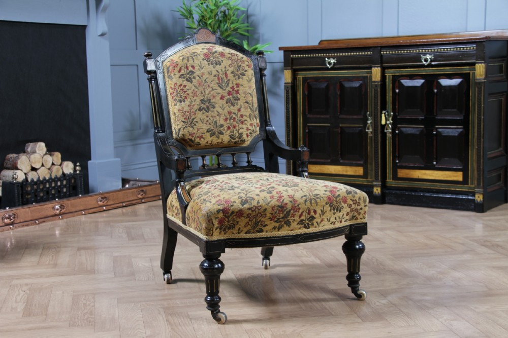 Antique Victorian Aesthetic Movement Ebonised Gilt and Inlaid Carved Nursing Chair C1870 View II