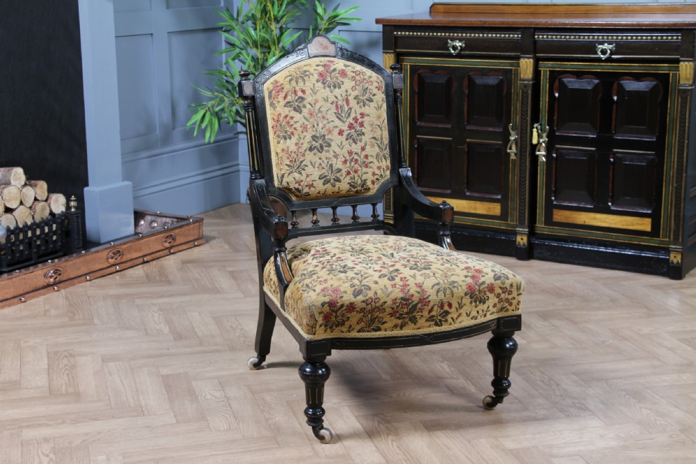 Antique Victorian Aesthetic Movement Ebonised Gilt and Inlaid Carved Nursing Chair C1870 View III