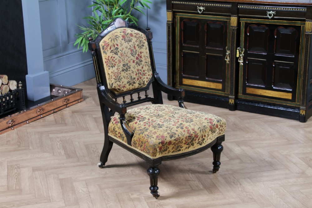 Antique Victorian Aesthetic Movement Ebonised Gilt and Inlaid Carved Nursing Chair C1870 View V