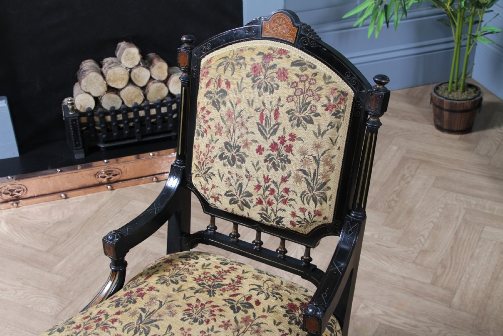 Antique Victorian Aesthetic Movement Ebonised Gilt and Inlaid Carved Nursing Chair C1870 View VI