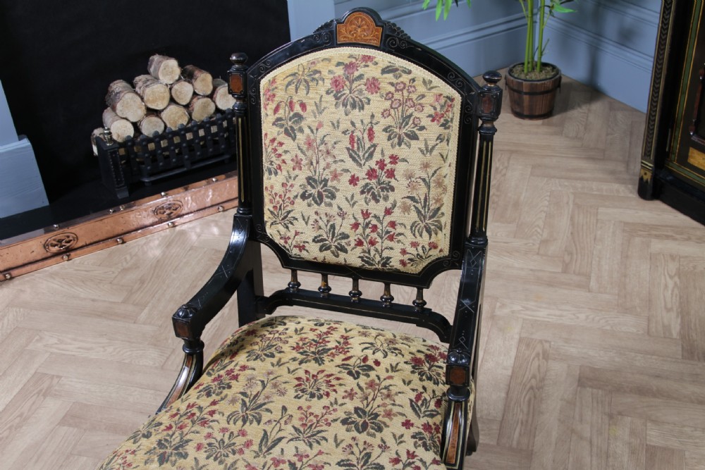 Antique Victorian Aesthetic Movement Ebonised Gilt and Inlaid Carved Nursing Chair C1870 View VII