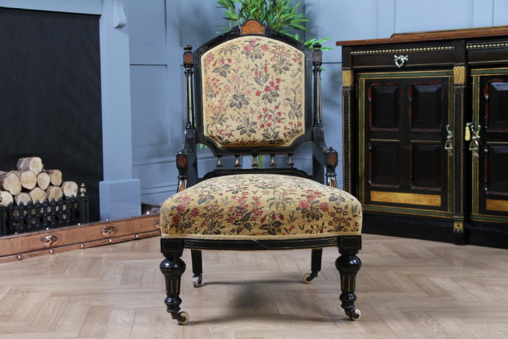 Antique Victorian Aesthetic Movement Ebonised Gilt and Inlaid Carved Nursing Chair C1870 View VIII