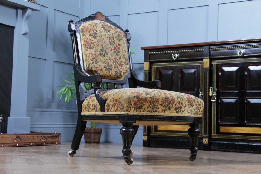 Antique Victorian Aesthetic Movement Ebonised Gilt and Inlaid Carved Nursing Chair C1870 View IX