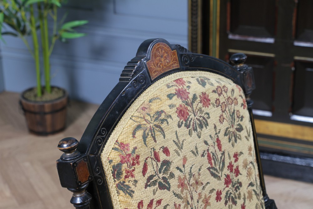 Antique Victorian Aesthetic Movement Ebonised Gilt and Inlaid Carved Nursing Chair C1870 View X