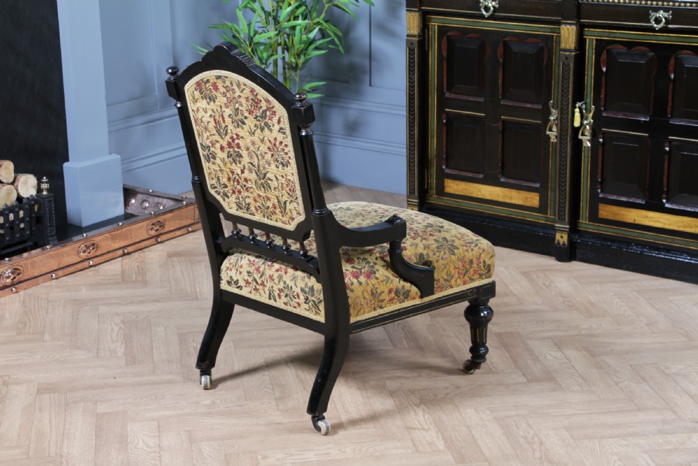 Antique Victorian Aesthetic Movement Ebonised Gilt and Inlaid Carved Nursing Chair C1870 View XII