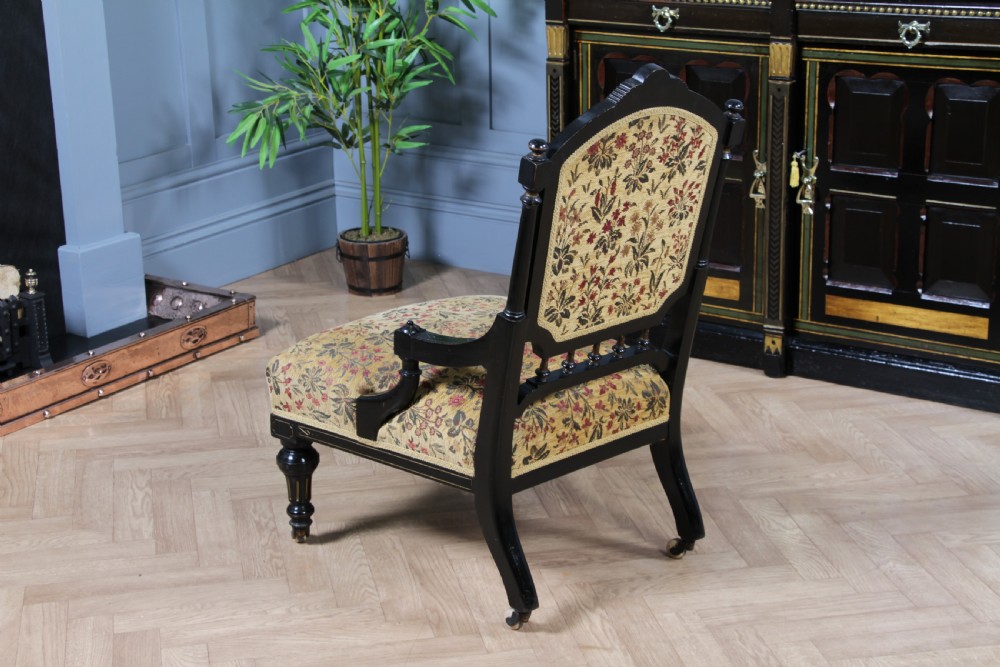 Antique Victorian Aesthetic Movement Ebonised Gilt and Inlaid Carved Nursing Chair C1870 View XIII