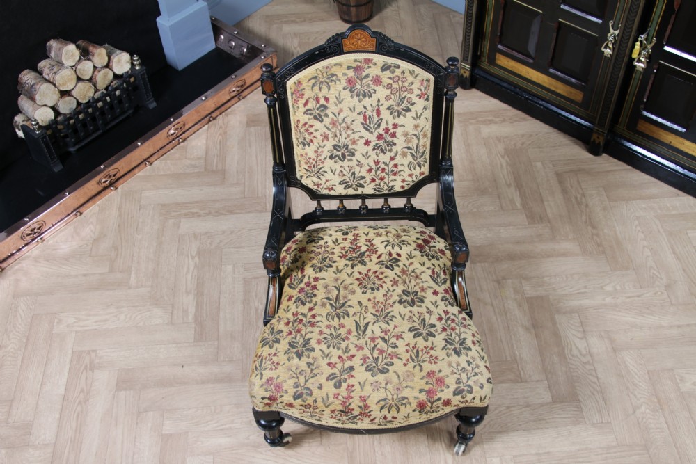 Antique Victorian Aesthetic Movement Ebonised Gilt and Inlaid Carved Nursing Chair C1870 View XIV