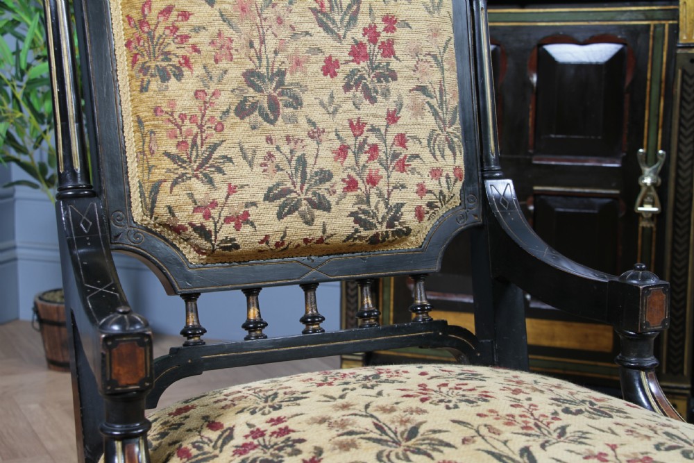 Antique Victorian Aesthetic Movement Ebonised Gilt and Inlaid Carved Nursing Chair C1870 View XVI