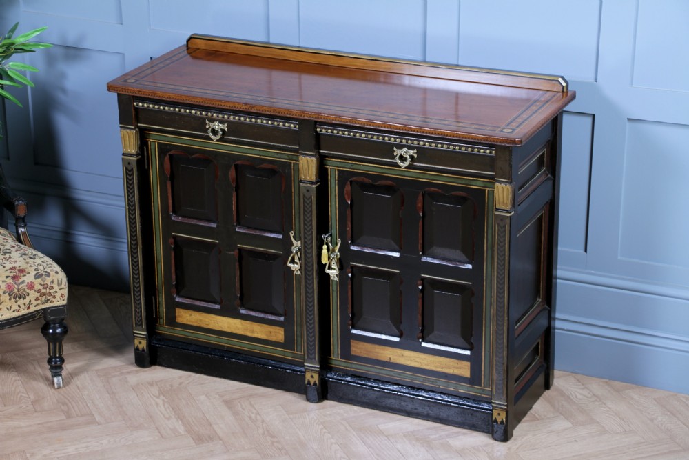 Antique Victorian Aesthetic Movement Walnut Ebonised Gilt & Painted Sideboard Dated 1869