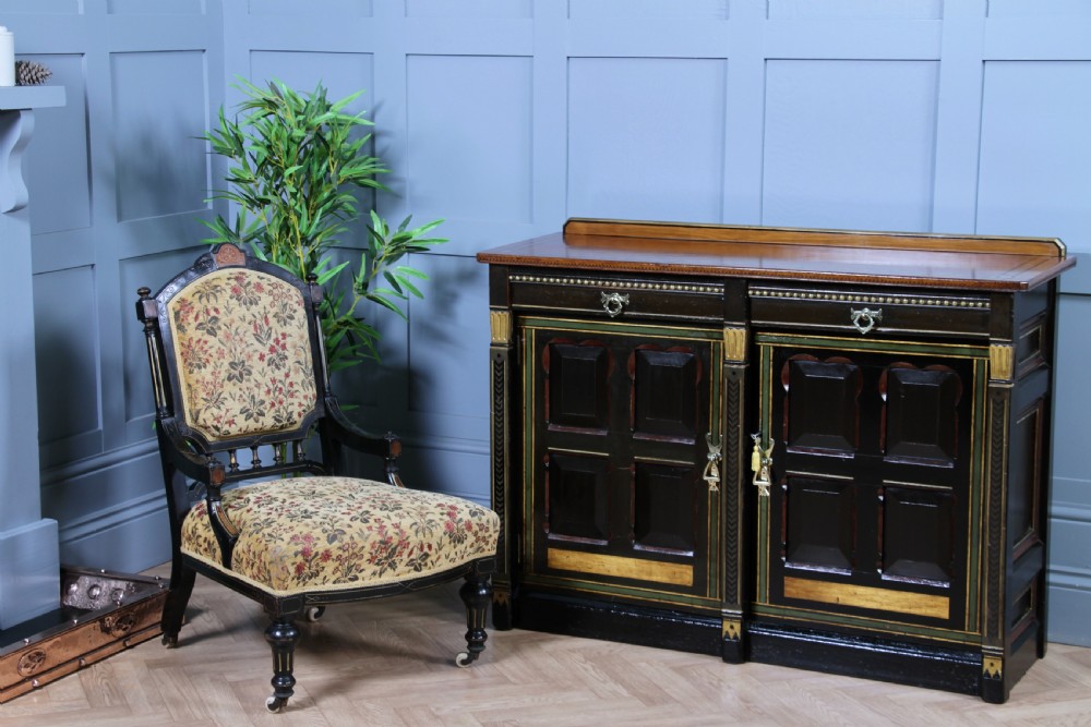 Antique Victorian Aesthetic Movement Walnut Ebonised Gilt & Painted Sideboard Dated 1869 View II