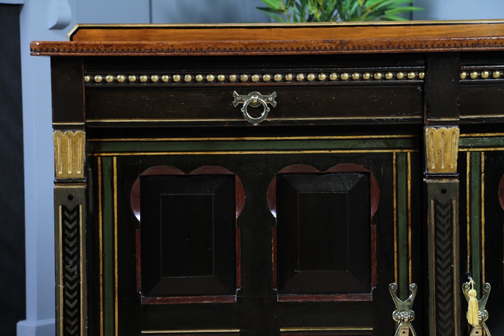 Antique Victorian Aesthetic Movement Walnut Ebonised Gilt & Painted Sideboard Dated 1869 View IX