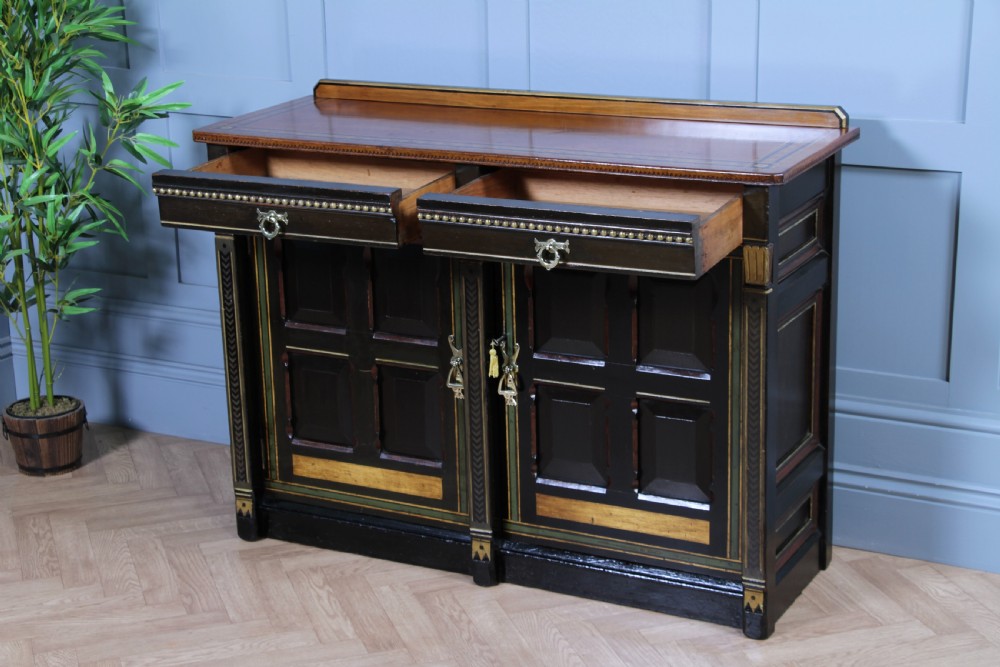 Antique Victorian Aesthetic Movement Walnut Ebonised Gilt & Painted Sideboard Dated 1869 View XIV