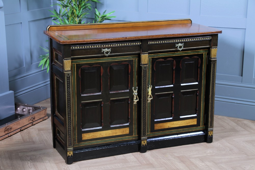 Antique Victorian Aesthetic Movement Walnut Ebonised Gilt & Painted Sideboard Dated 1869 View XVII