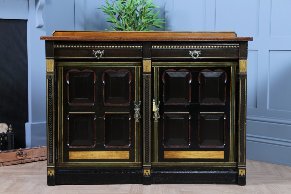 Antique Victorian Aesthetic Movement Walnut Ebonised Gilt & Painted Sideboard Dated 1869 View XIX