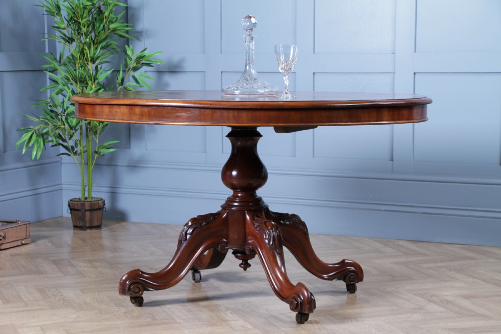 Antique Victorian Solid Mahogany Tilt Top Oval Carved Breakfast Dining Table View IV