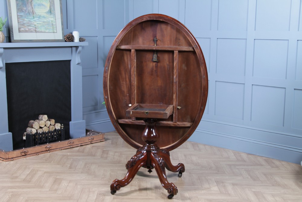 Antique Victorian Solid Mahogany Tilt Top Oval Carved Breakfast Dining Table View VI