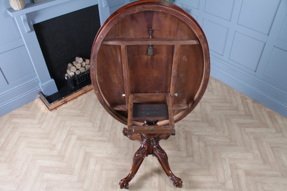 Antique Victorian Solid Mahogany Tilt Top Oval Carved Breakfast Dining Table View VII