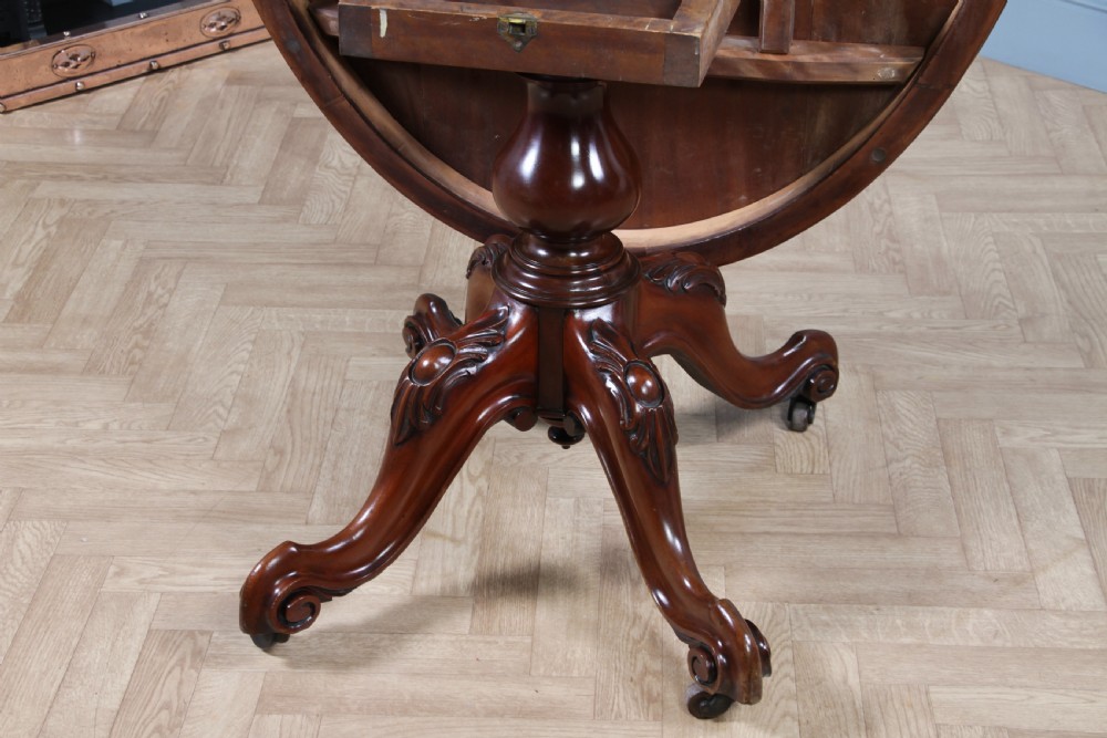 Antique Victorian Solid Mahogany Tilt Top Oval Carved Breakfast Dining Table View VIII