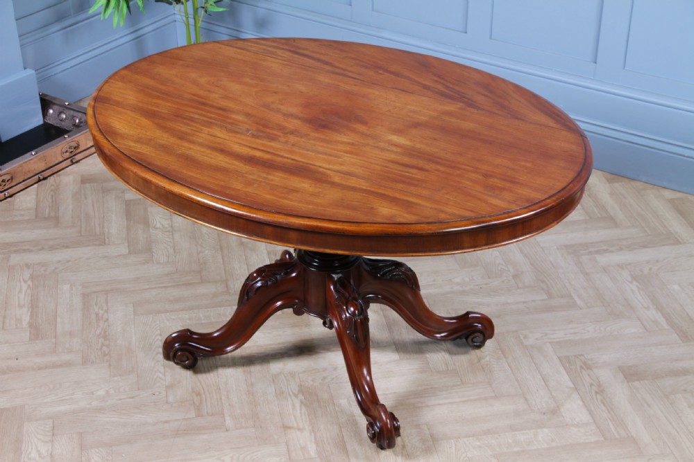 Antique Victorian Solid Mahogany Tilt Top Oval Carved Breakfast Dining Table View XI