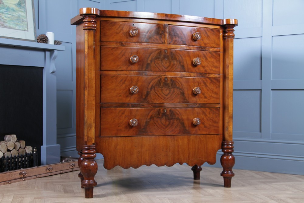Original Antique Victorian Grand Tall Flame Grain Mahogany Scottish Chest of 5 Drawers C1870