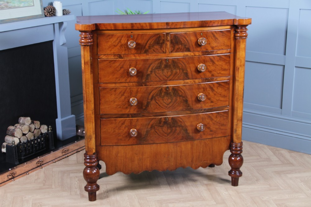 Original Antique Victorian Grand Tall Flame Grain Mahogany Scottish Chest of 5 Drawers C1870 View II