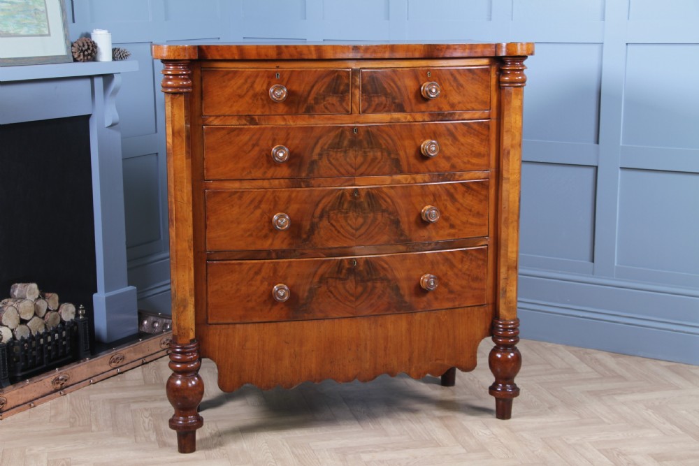 Original Antique Victorian Grand Tall Flame Grain Mahogany Scottish Chest of 5 Drawers C1870 View III
