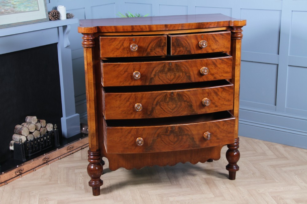 Original Antique Victorian Grand Tall Flame Grain Mahogany Scottish Chest of 5 Drawers C1870 View V