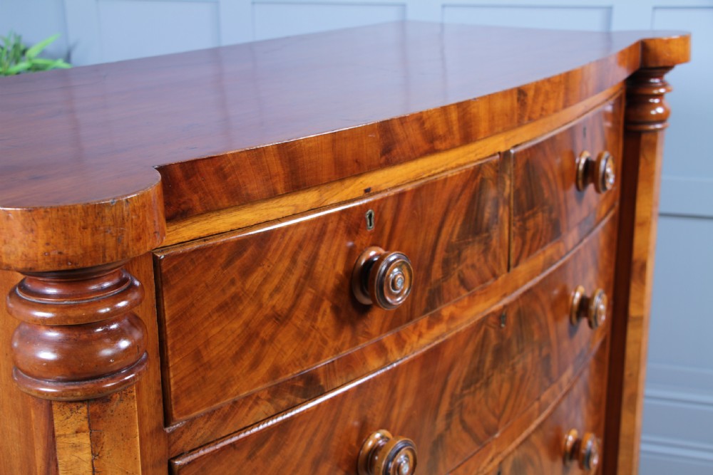 Original Antique Victorian Grand Tall Flame Grain Mahogany Scottish Chest of 5 Drawers C1870 View VI