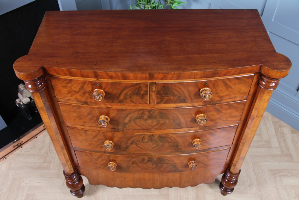 Original Antique Victorian Grand Tall Flame Grain Mahogany Scottish Chest of 5 Drawers C1870 View VIII