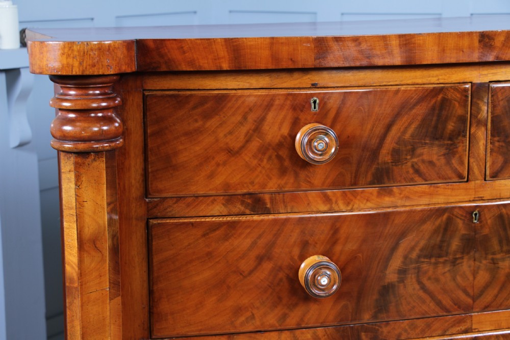 Original Antique Victorian Grand Tall Flame Grain Mahogany Scottish Chest of 5 Drawers C1870 View X